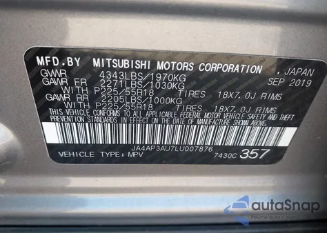 2020 Mitsubishi Outlander Sport 2.0 Es z USA, uszkodzony, nr VIN JA4AP3AU7LU007876